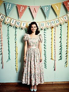 Vintage Woman in Floral Dress Celebrating Birthday with Pastel Decor