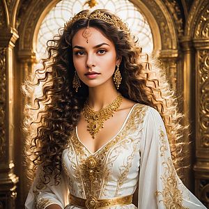 Elegant Woman in White and Gold Gown