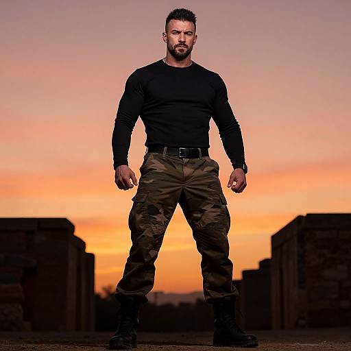 Confident Man in Camouflage Cargo Pants and Black Shirt at Sunset