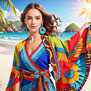 Woman in Colorful Beachwear Against Tropical Backdrop