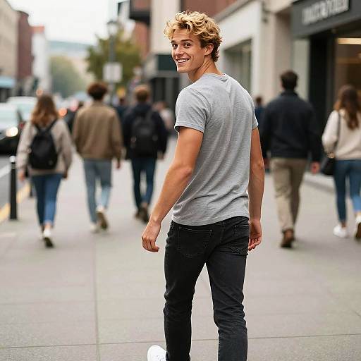 Young Man Walking and Smiling on Urban Sidewalk
