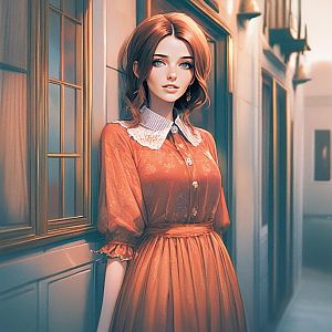Woman in Vintage Orange Dress by Window