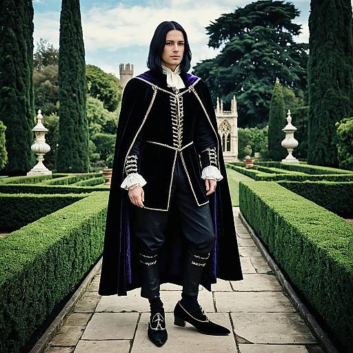 Man in Renaissance Noble Costume Posing in Historic Garden