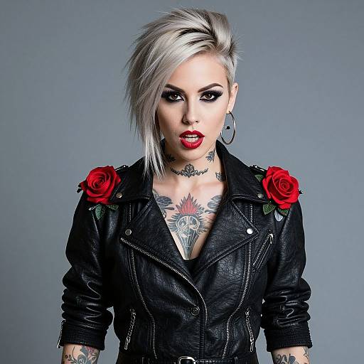 Edgy Woman in Black Leather Jacket with Rose Patches and Tattoos