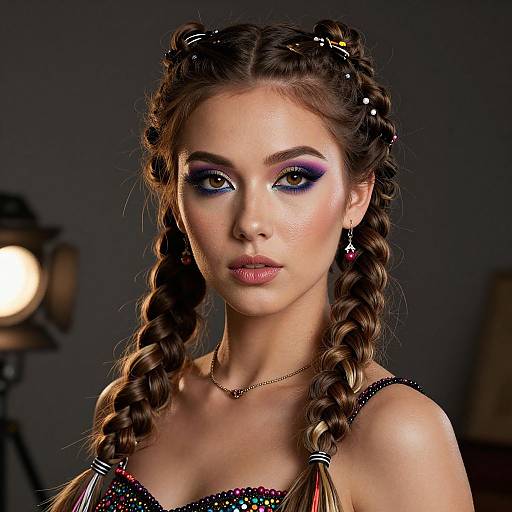 Portrait of Woman with Braided Hair and Vibrant Purple Makeup