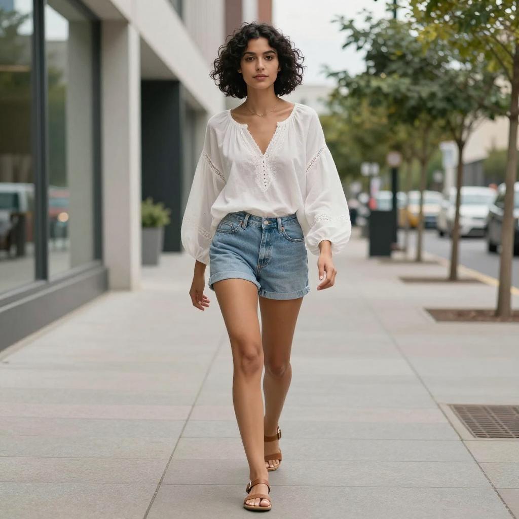 Young Woman Walking in Casual Street Style Outfit with Denim Shorts and White Blouse