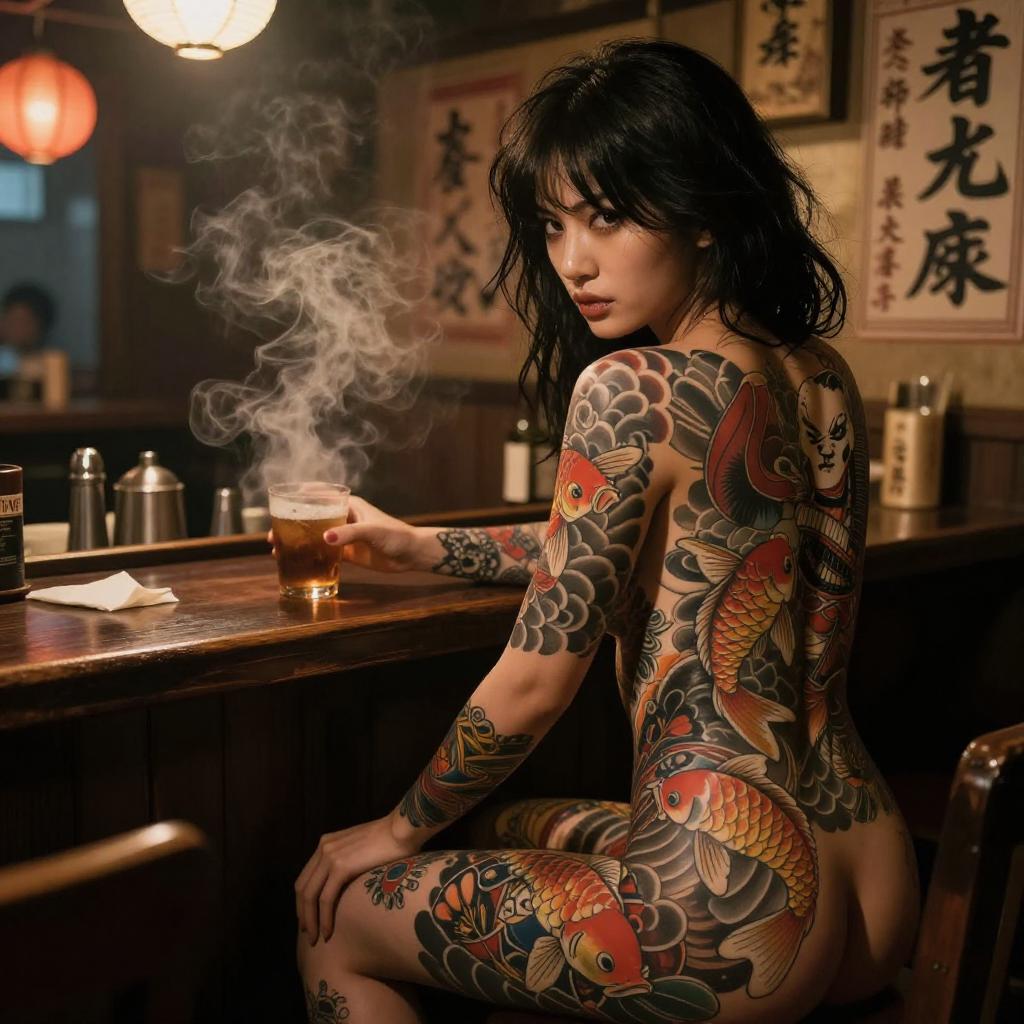 Woman with Traditional Japanese Koi Fish Tattoos Sitting at Bar