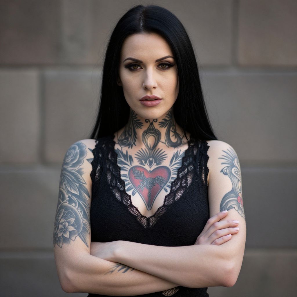 Confident Woman with Black Hair and Intricate Chest Tattoos Wearing Black Lace Top