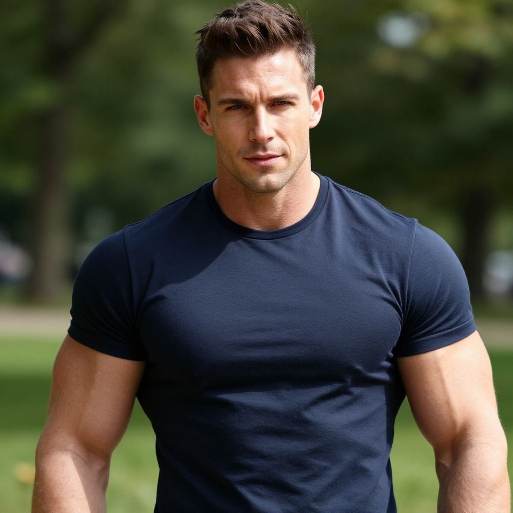 Portrait of Muscular Man in Navy Blue T-Shirt Outdoors