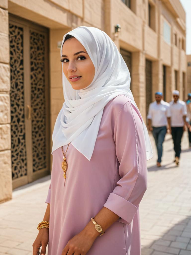 Elegant Arab Woman in Traditional Attire Against Urban Cityscape