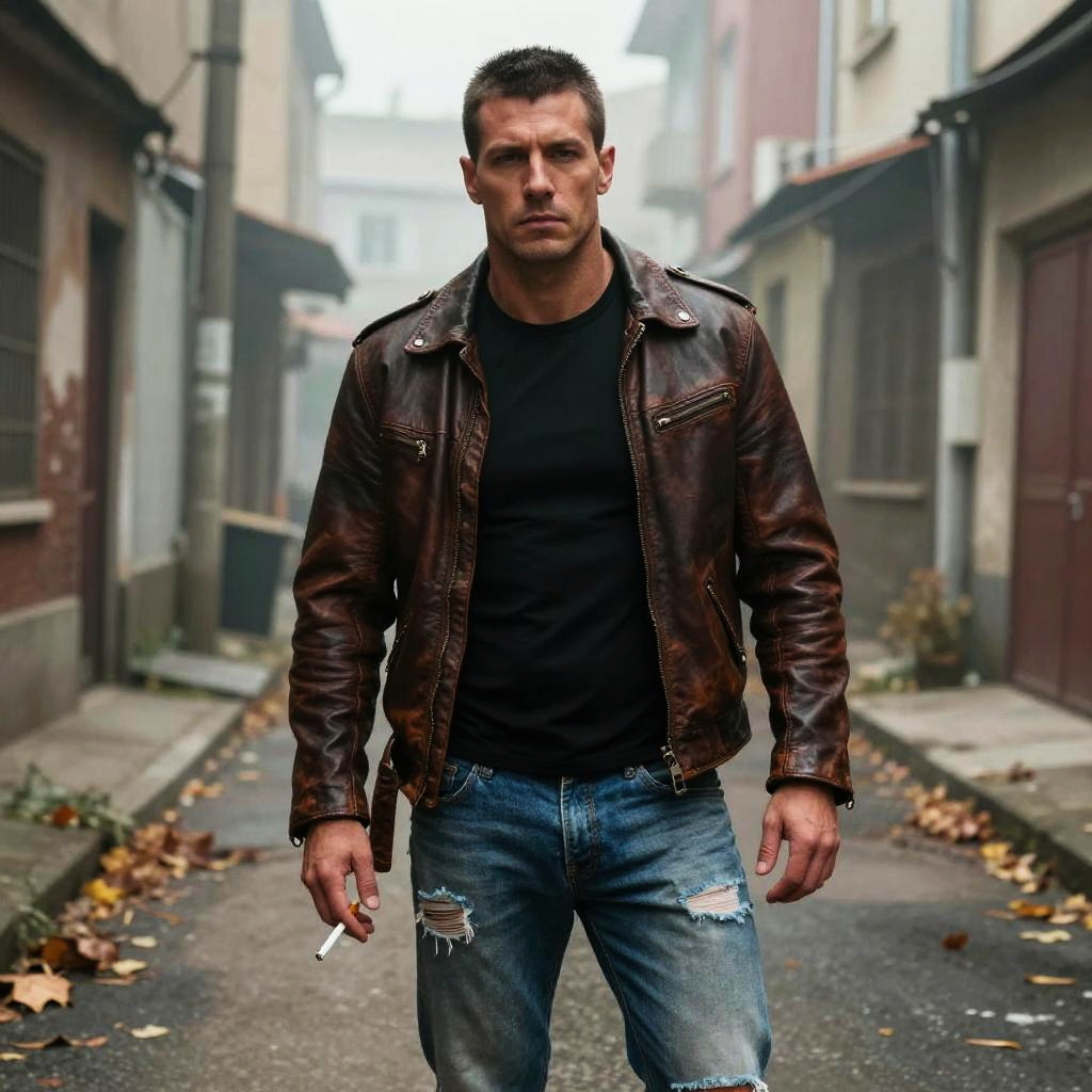 Man in Leather Jacket with Ripped Jeans in Urban Alley