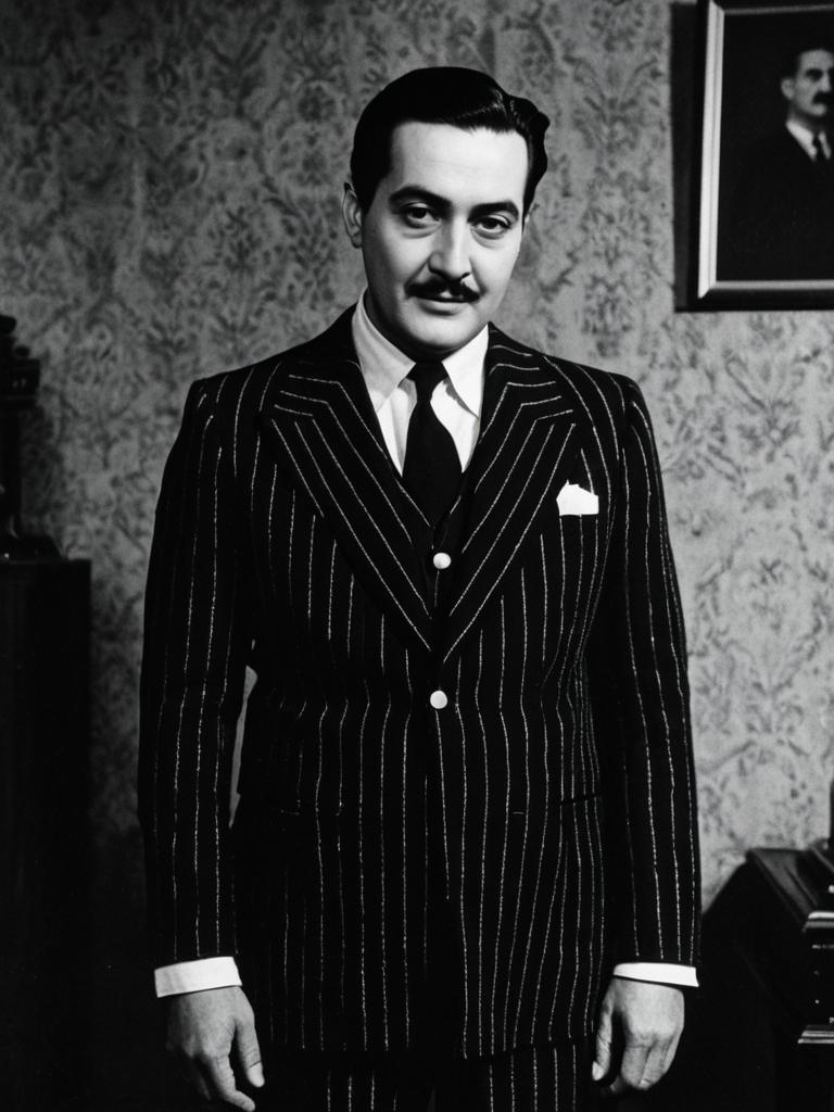 Man in Gomez Addams Costume Vintage Pinstripe Suit Black and White Portrait
