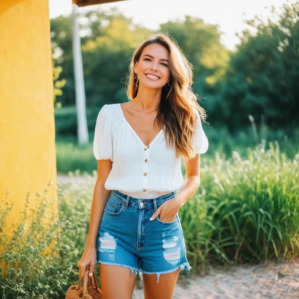 Smiling Woman in Casual Summer Outfit Near Yellow Wall Smiling Woman in Casual Summer Outfit Near Yellow Wall