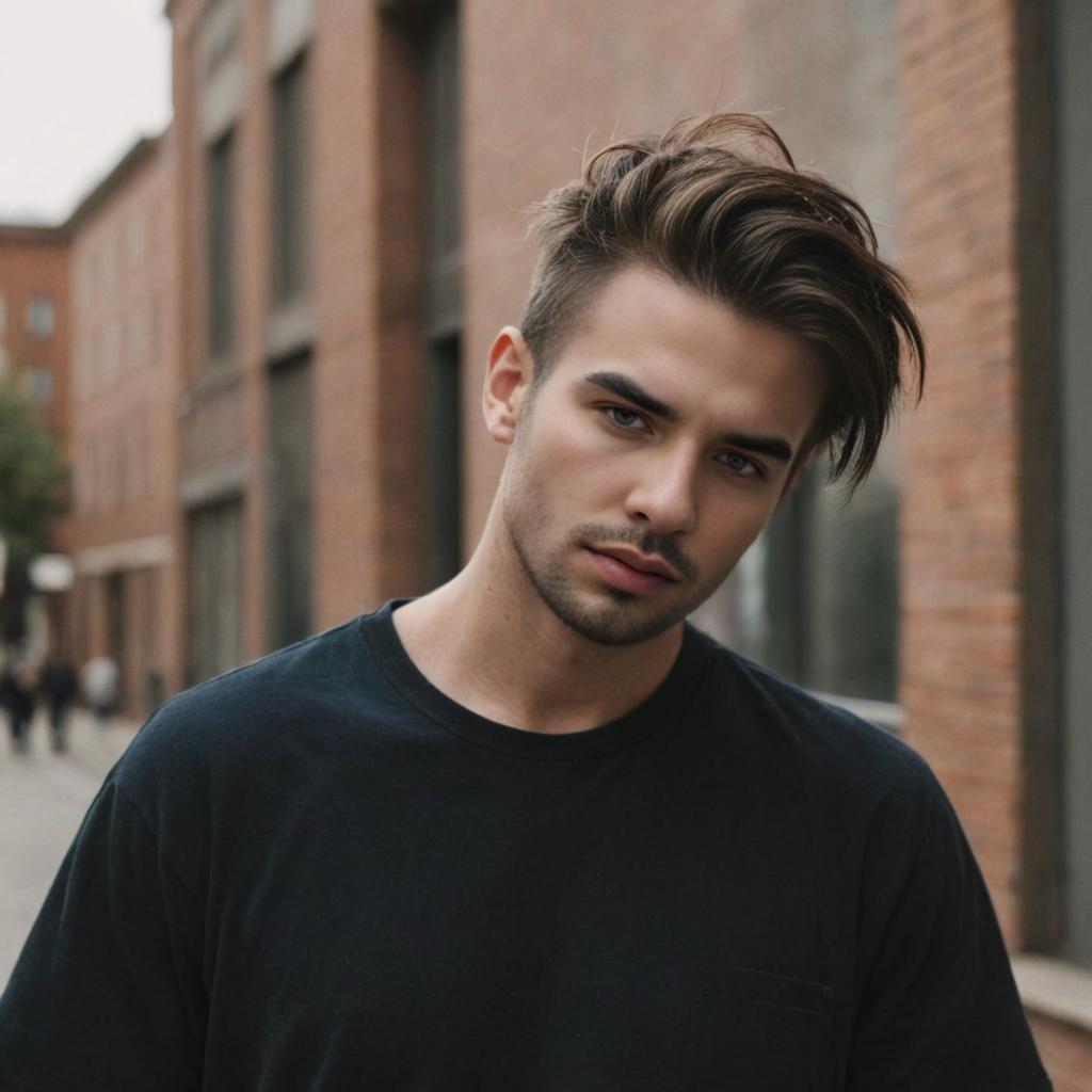 Stylish man with modern hairstyle in urban setting