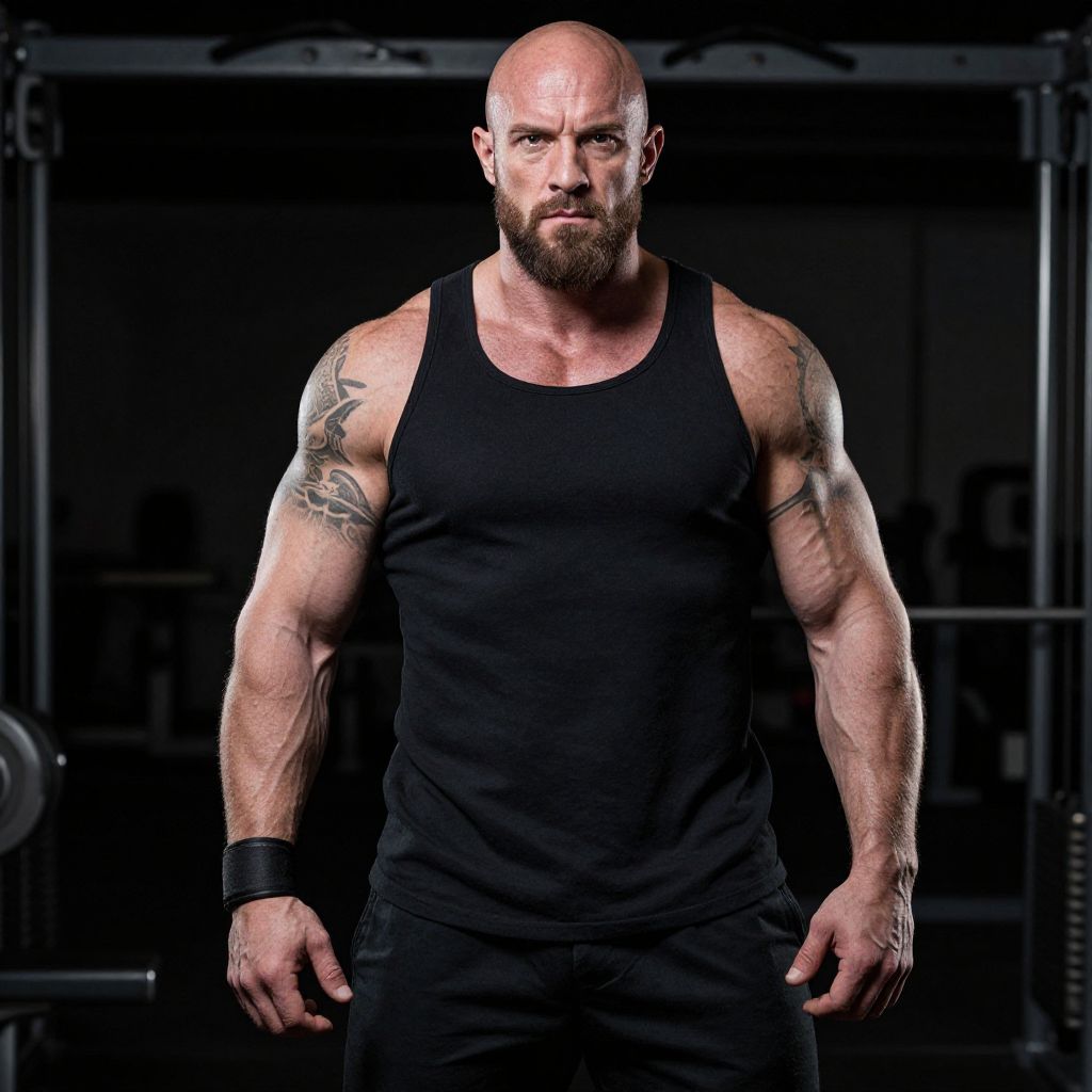 Muscular Bald Man with Beard in Black Tank Top at Gym