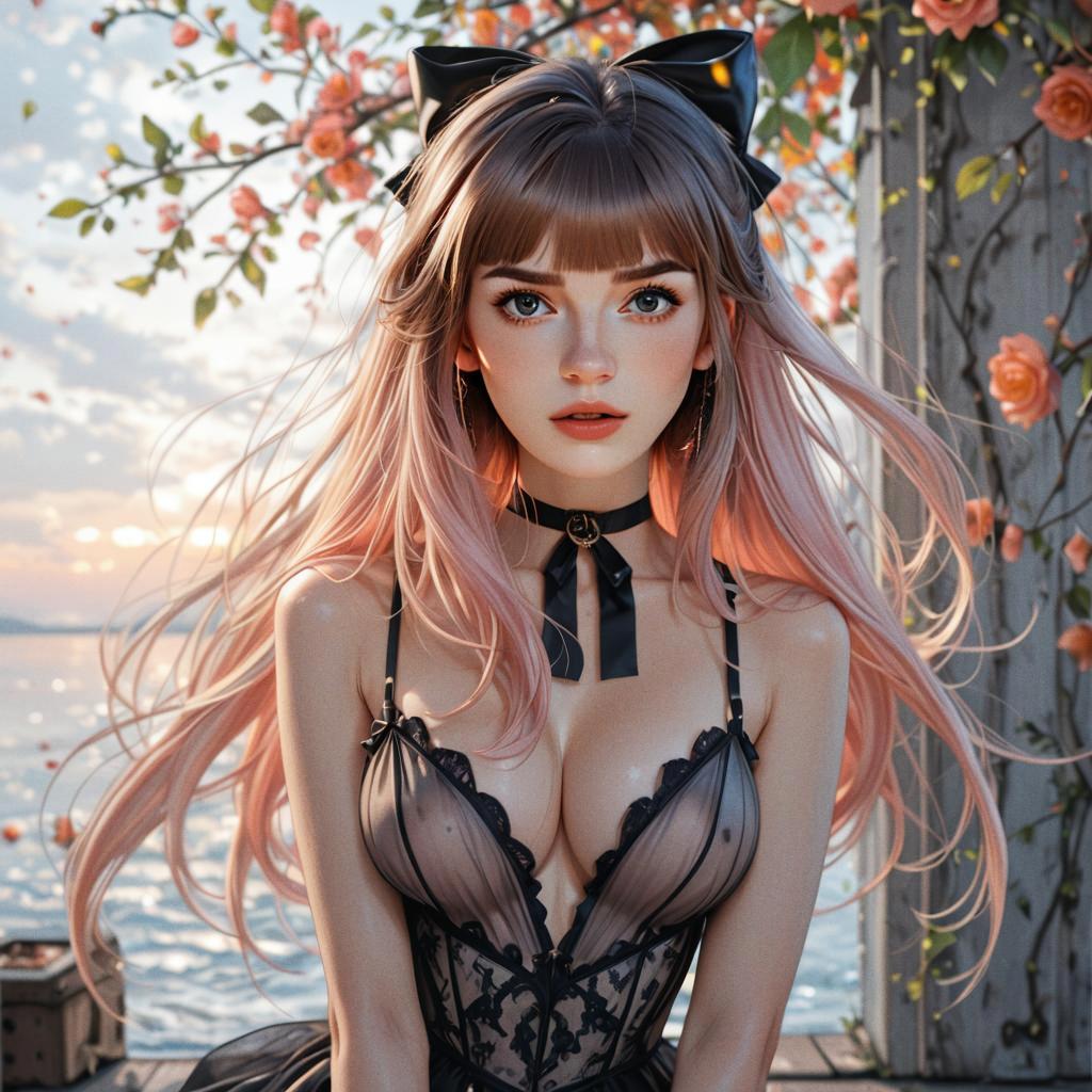 Elegant Anime Woman in Black Lace Corset by the Water with Roses