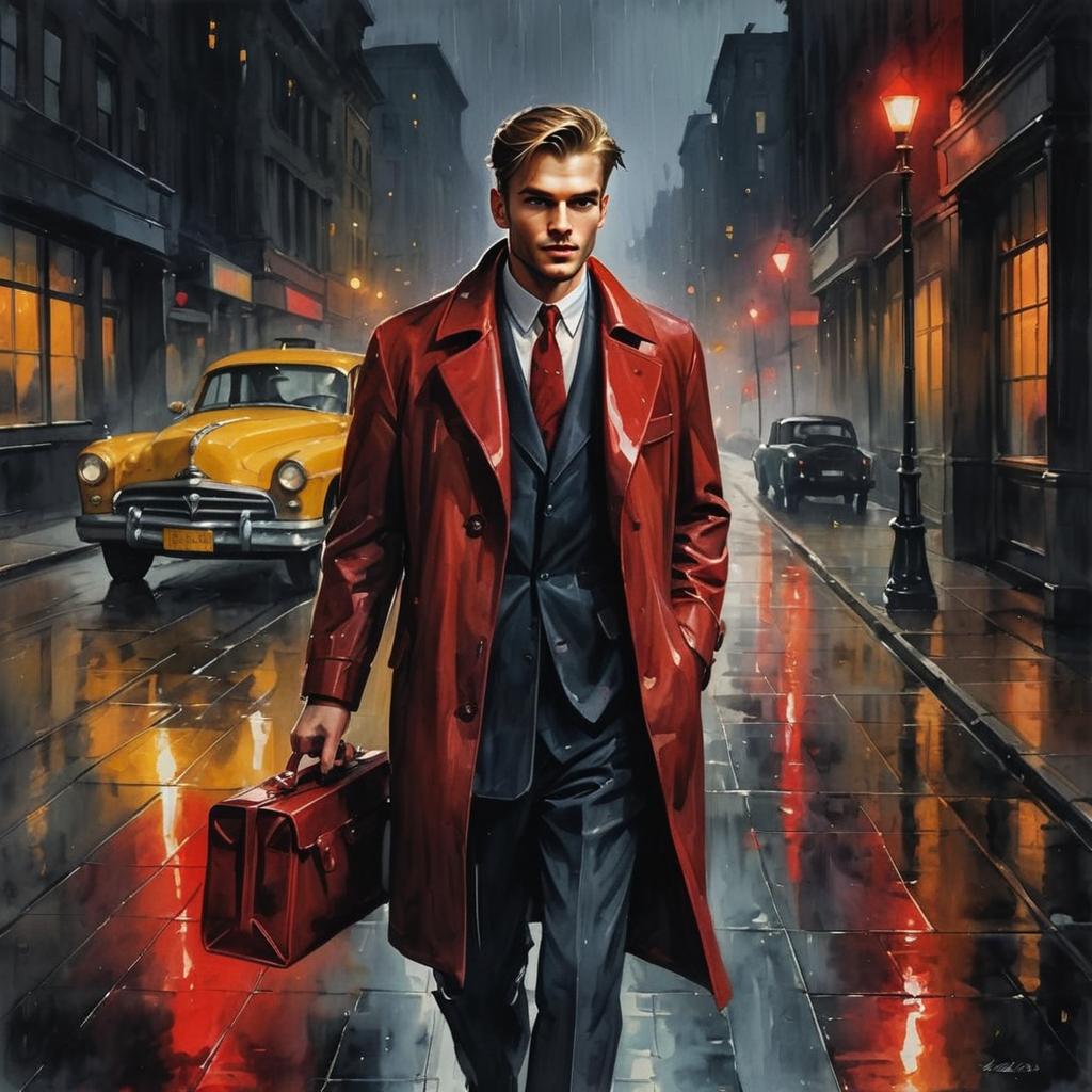Stylish Man in Red Trench Coat Walking on Rainy City Street with Vintage Cars