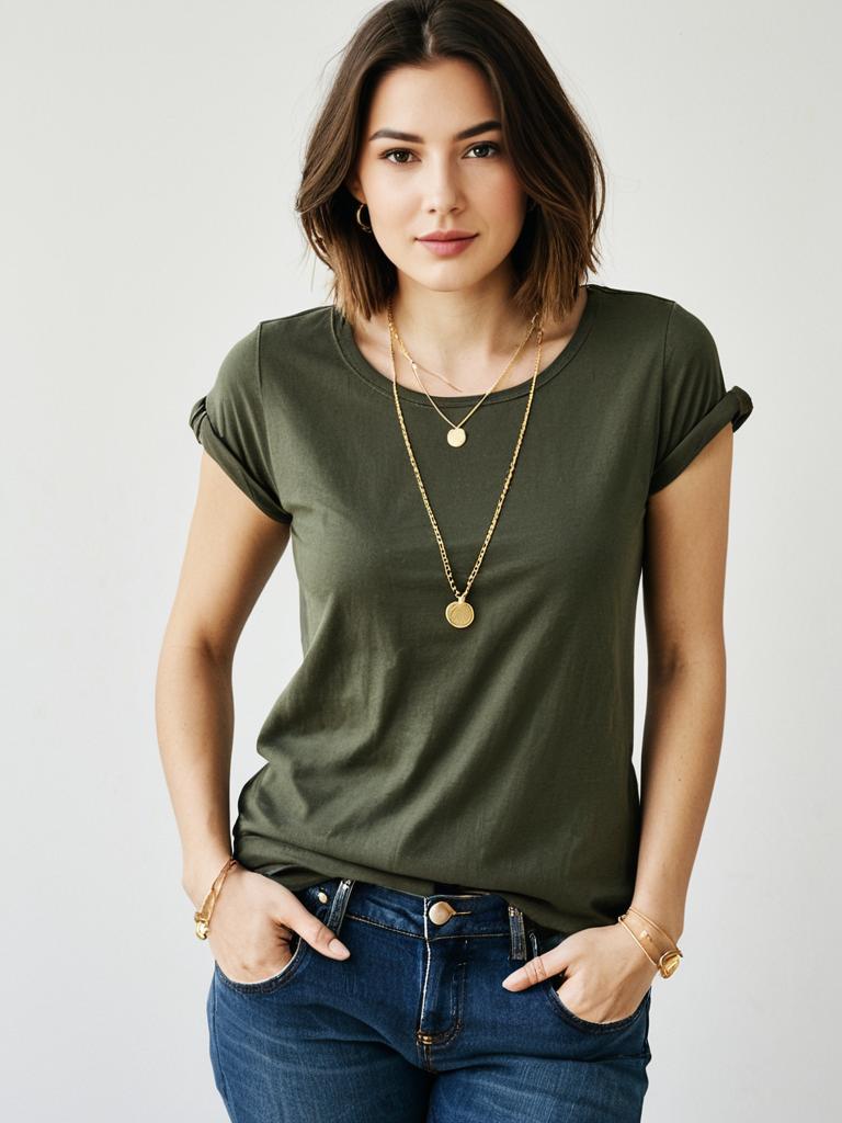Casual Olive Green Round Neck T-Shirt with Rolled Up Sleeves on Woman
