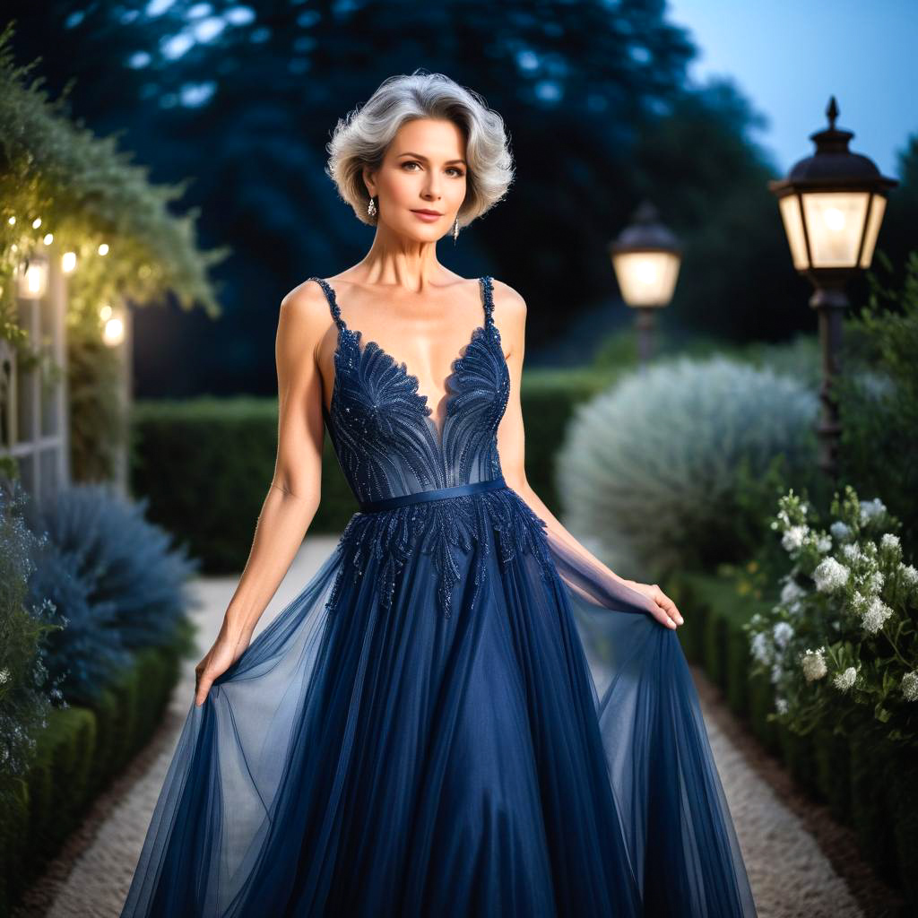 Elegant Woman in Blue Gown in Serene Garden