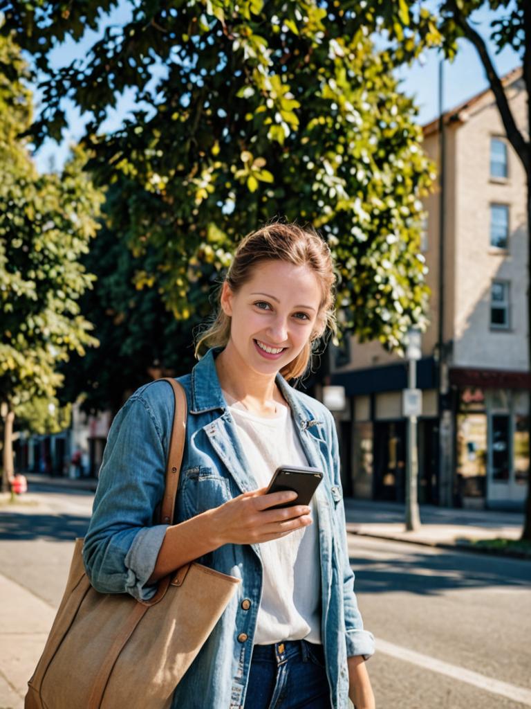 Woman in Denim Jacket with Smartphone and Tote Bag Outdoors