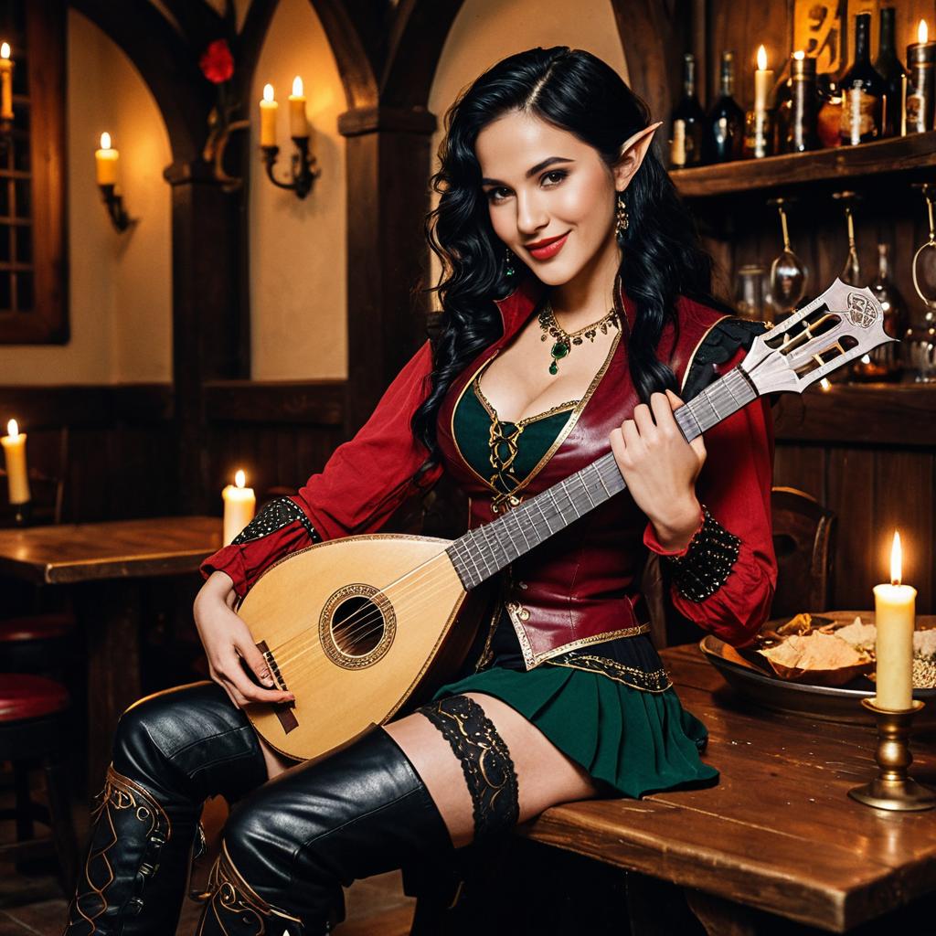 Fantasy Elf Woman Playing Lute in Medieval Tavern Costume