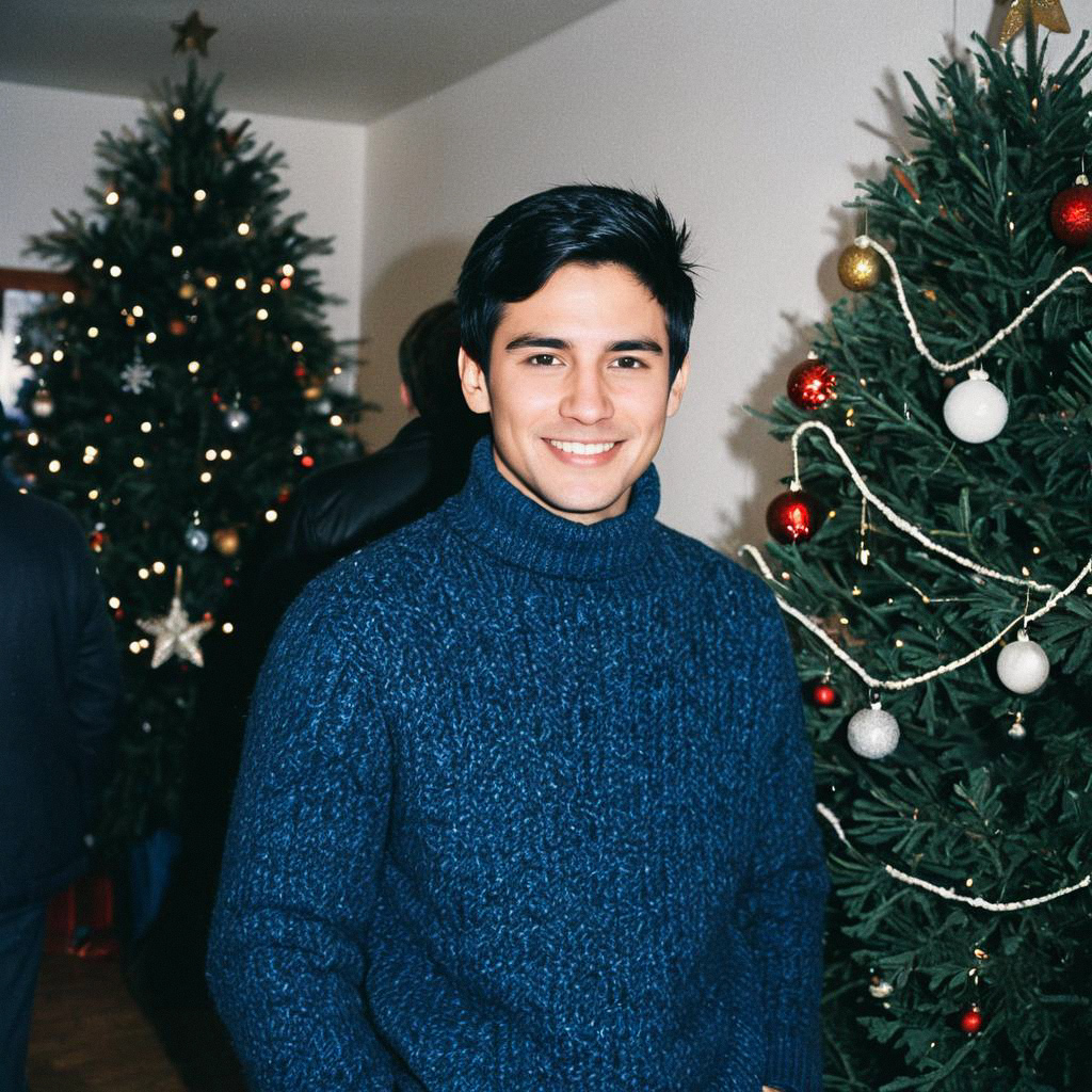 Young Man Smiling by Christmas Tree Young Man Smiling by Christmas Tree