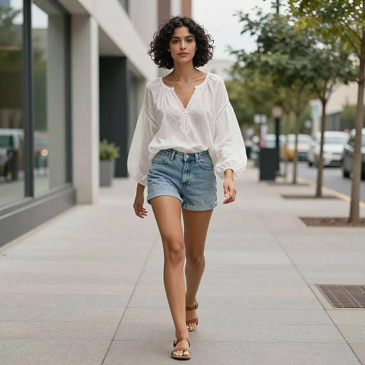 Young Woman Walking in Casual Street Style Outfit with Denim Shorts and White Blouse