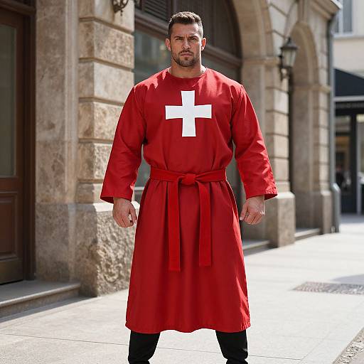 Man Wearing Red Robe with White Cross in Urban Setting