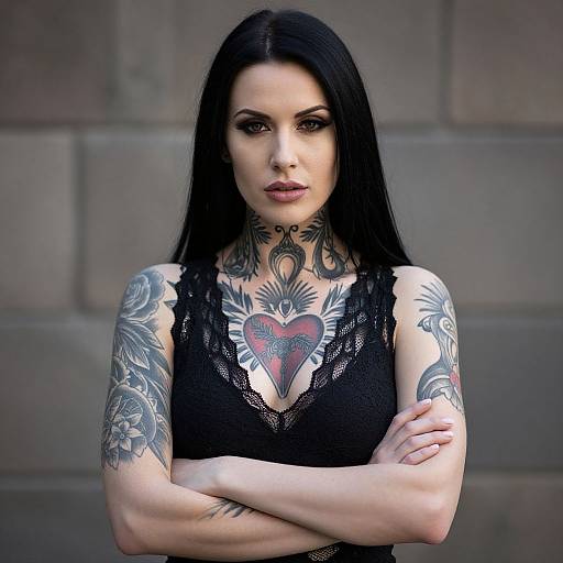 Confident Woman with Black Hair and Intricate Chest Tattoos Wearing Black Lace Top