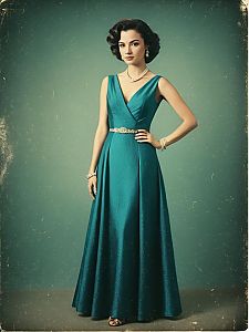 Vintage 1950s Style Woman in Elegant Floor-Length Teal Gown