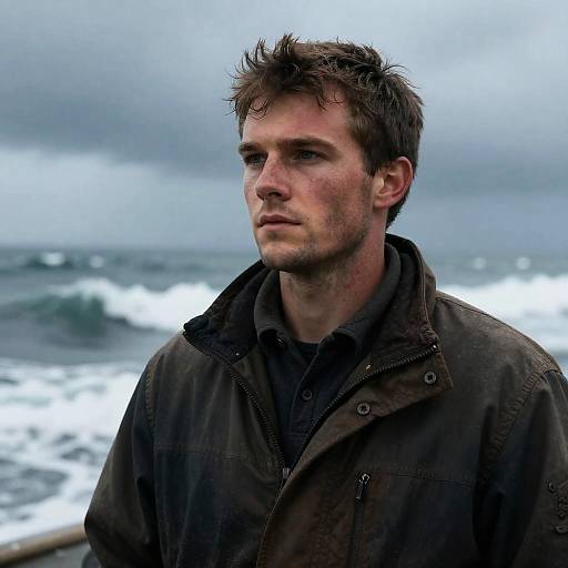 Pensive Young Man Standing by Stormy Sea in Weathered Jacket