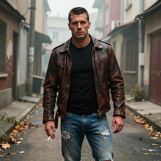 Man in Leather Jacket with Ripped Jeans in Urban Alley