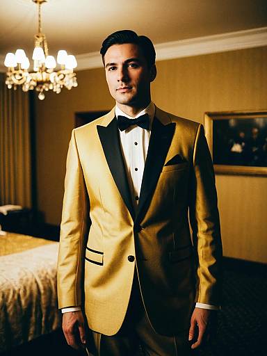 Groom in Gold Evening Wear Tuxedo with Bow Tie Standing Indoors