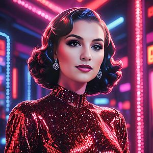 Glamorous Woman in Vintage Style with Neon Lights