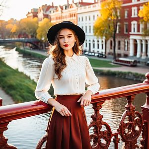Elegant Woman on Red Bridge in Autumn