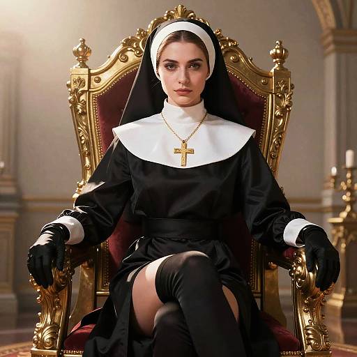 Modern Nun Costume Woman Sitting on Golden Throne Fashion Portrait