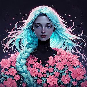 Portrait of a Woman with Turquoise Hair and Pink Flowers
