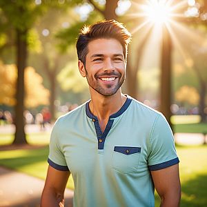 Happy young man in sunlit park