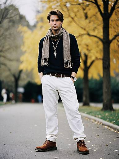 Stylish Young Man Wearing Baggy Clothes and Accessories Outdoors in Autumn