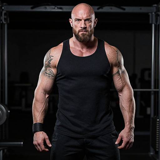 Muscular Bald Man with Beard in Black Tank Top at Gym