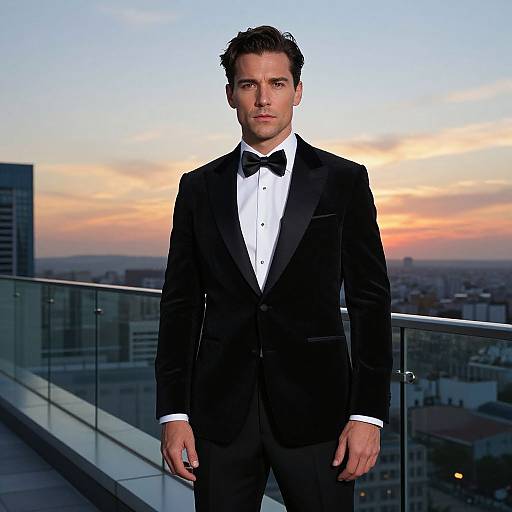 Man in Black Velvet Tuxedo on Rooftop at Sunset