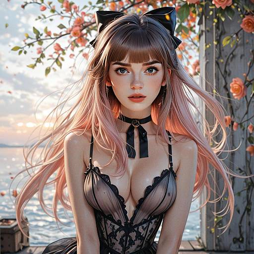 Elegant Anime Woman in Black Lace Corset by the Water with Roses