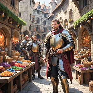 Vibrant Medieval Marketplace with Knights