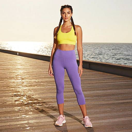 Woman in Yellow Sports Bra and Purple Leggings on Ocean Boardwalk