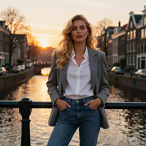 Stylish Gen Z Woman on Canal Bridge at Sunset Urban Setting