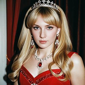 Young Woman in Red Gown with Tiara
