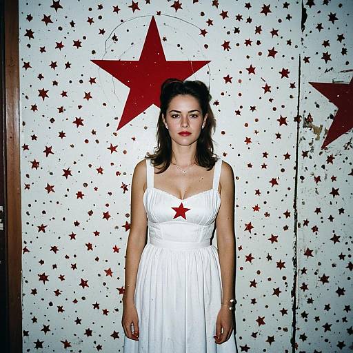 Woman in White Dress with Red Star on Wall - Artistic Portrait