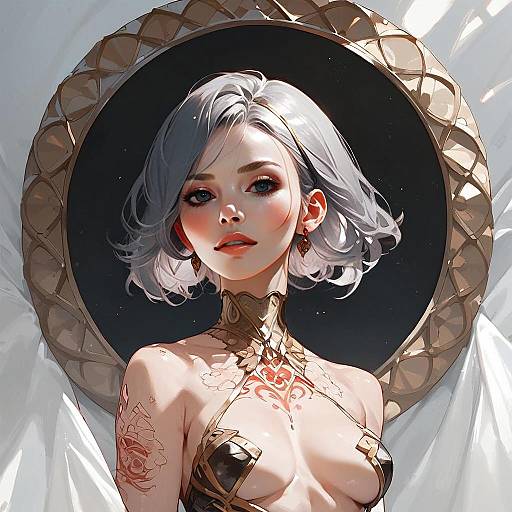 Anime Style Portrait of Tattooed Woman with Silver Hair and Ornate Background