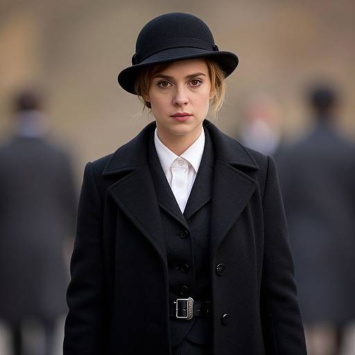 Vintage 1920s Woman in Black Bowler Hat and Coat Portrait