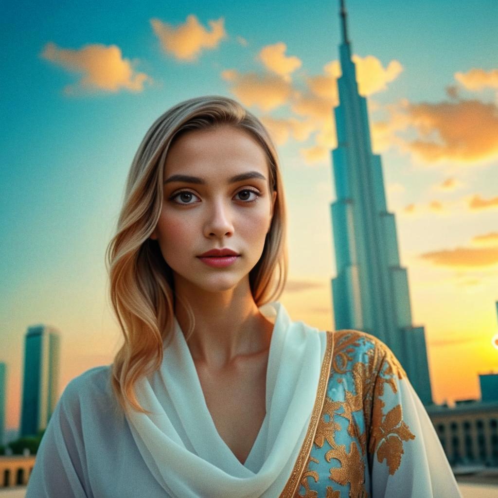 Woman in Traditional Attire Against Modern Skyline